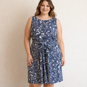 Anne Klein Blue & White Paisley Linen Blend Dress | Size 14